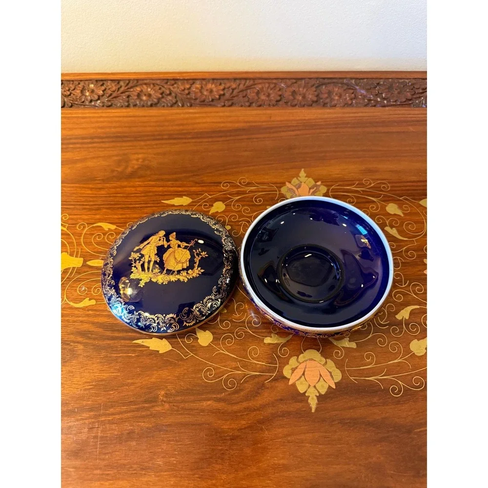 Vintage Limoges Cobalt Blue Gold Trinket Box, French Porcelain 4.5